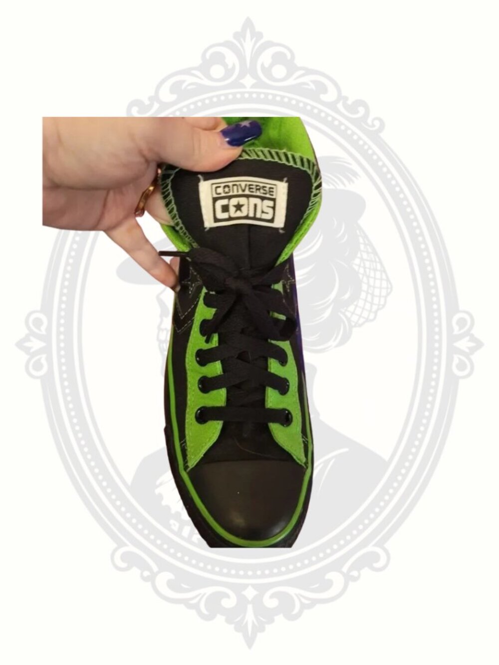 (SOLD) Converse CONS Black & Neon Green High Top Sneakers Mens 8 Womens 10 - Picture 10 of 11